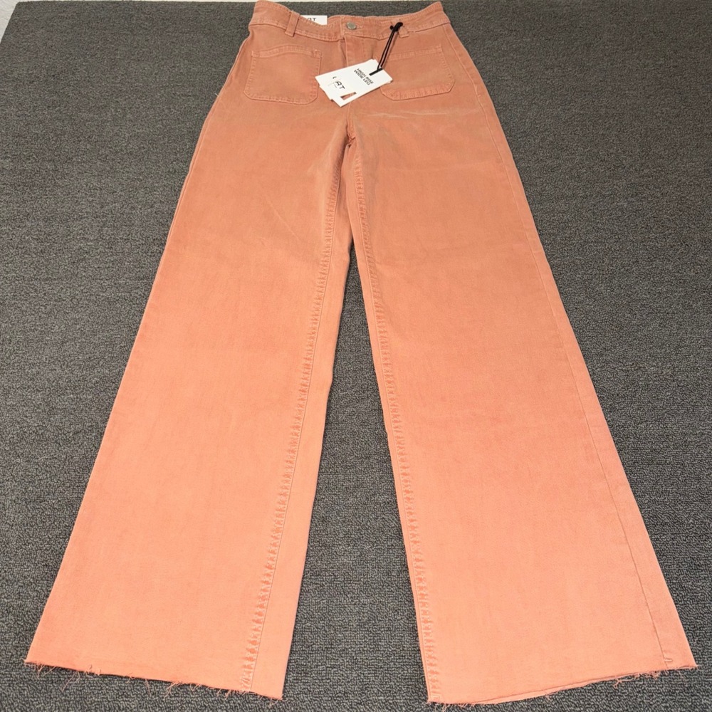 OAT New York High Rise Wide Leg Jeans Peach Coral Raw Hem Size 2/26 Boho Chic